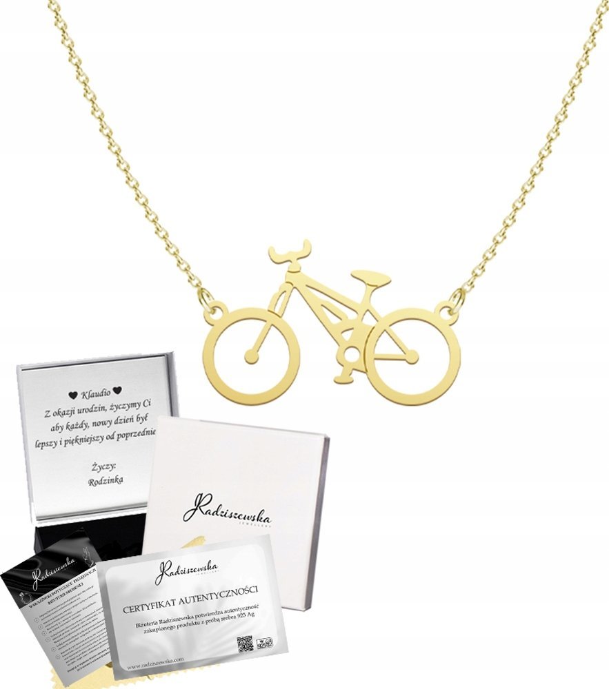 Radziszewska Jewellery Złoty Naszyjnik Rower Łańcuszke SREBRO 925 Prezent Kobieta DEDYKACJA GRATIS
