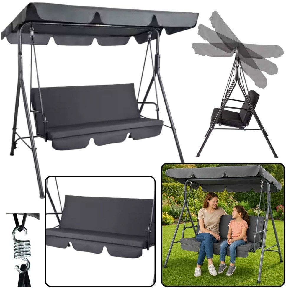 Huśtawka Trzyosobowa Ogrodowa Bujana Poduszki Materac Szara