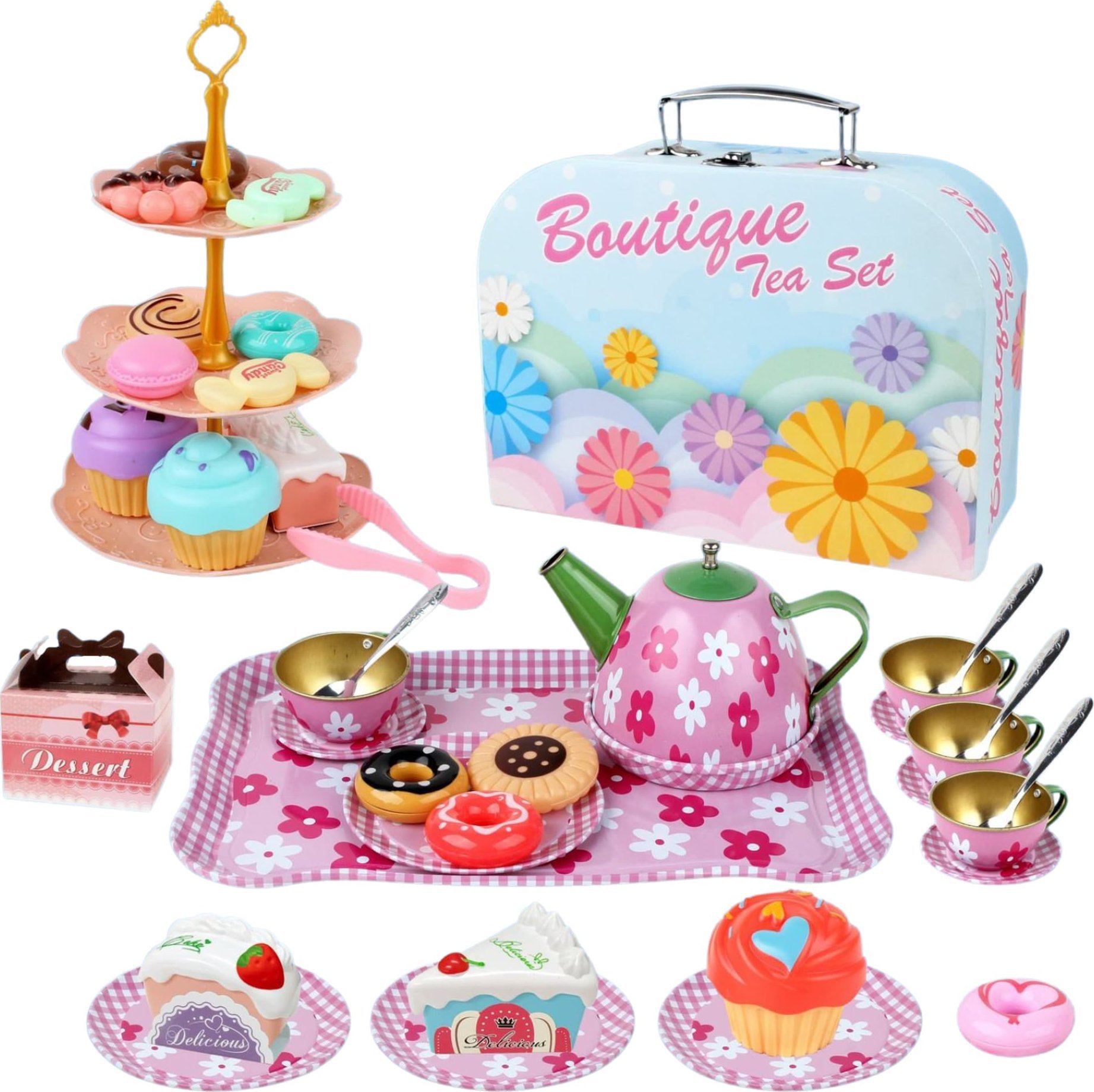 ProNice DUŻY ZESTAW DO HERBATY W WALIZCE KWIATY FILIŻANKI DZBANEK PATERA SŁODKOŚCI