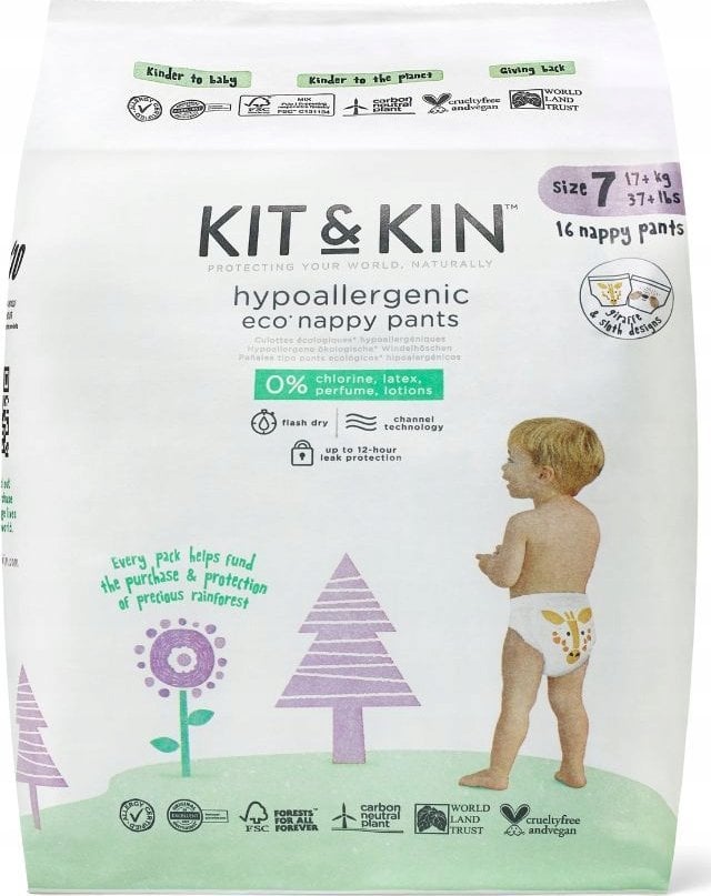 Kit and Kin , Pieluchomajtki Nappy Pants 7 XXL (17kg+), Giraffe/Sloth, 16 szt.