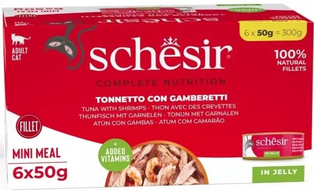 Schesir C&B karma mokra dla kotów tuńczyk z krewetkami w galarecie 6x50 g multipak puszka