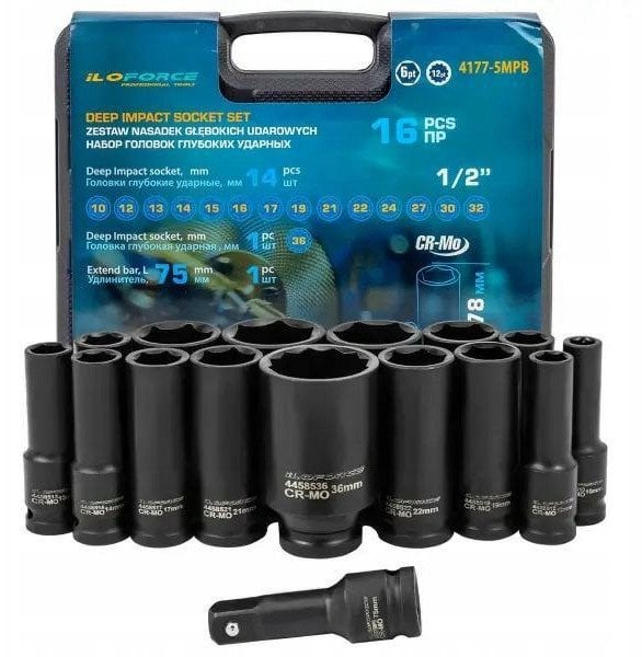 Zestaw nasadek udarowych głębokich 1/2" 16el. (6-kątnych) (10-32mm) (36mm 12-kątna)