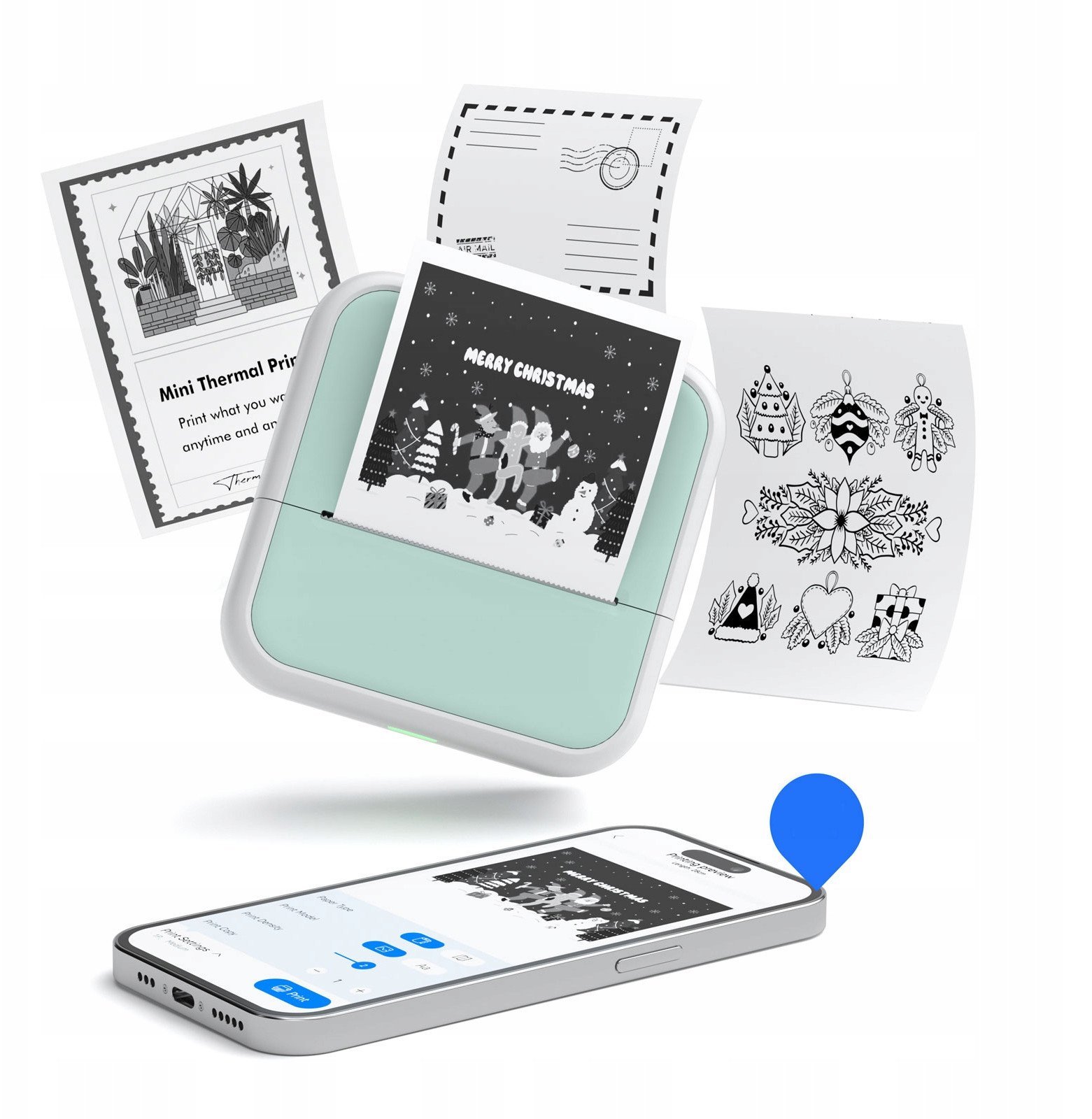 Drukarka Termiczna Bluetooth Do Zdjęć Naklejek Notatek Etykiet 53mm 203dpi / S1 / Zielony