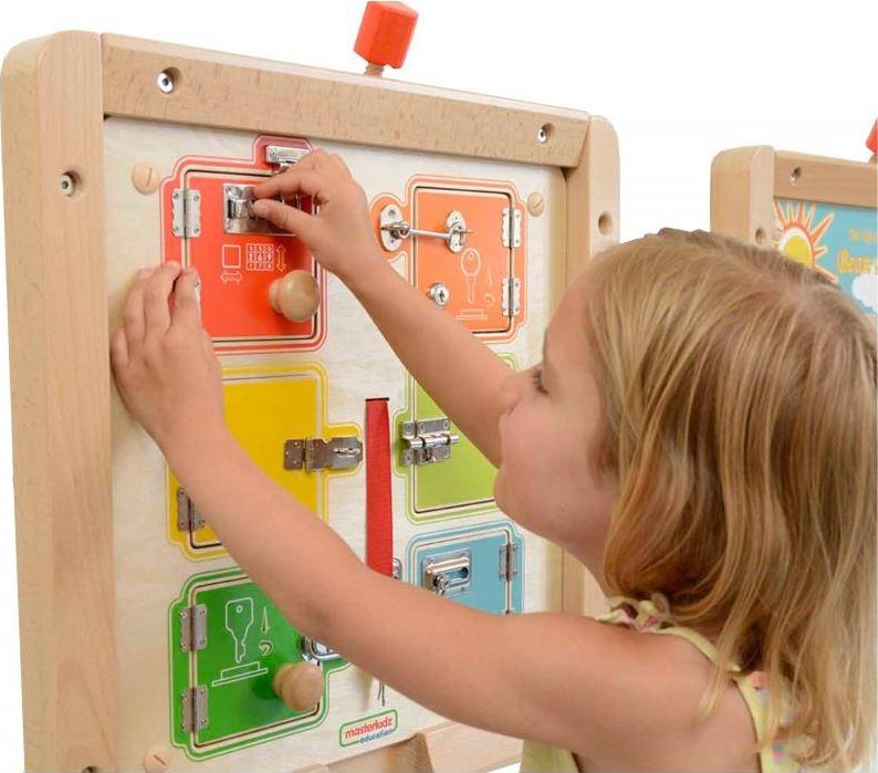Masterkidz Tablica Ścienna Drewniana Nauka Otwierania Zamków - 6 sejfów Masterkidz