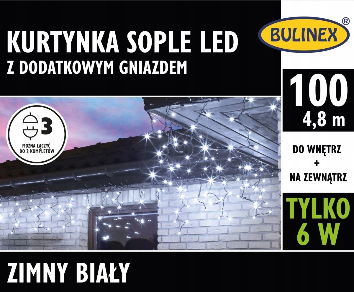 Bulinex Komplet choinkowy kurtynka sople 100l z gniazdkiem wyłącznik czasowy biały 5m 230V/31V 8,4 W IP 44 na zewnątrz i do wnętrz 13-552 - 13-552