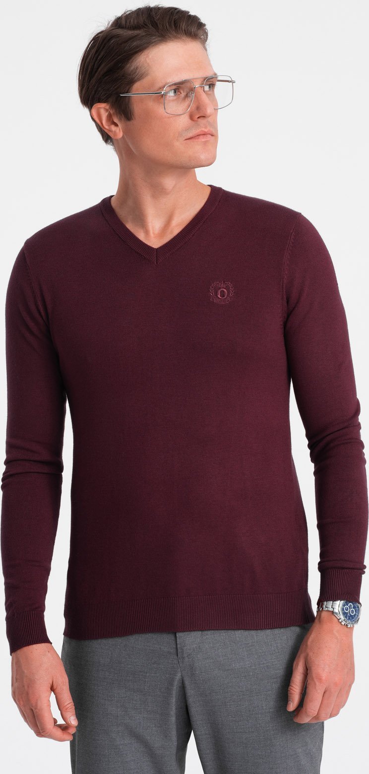 Ombre Elegancki sweter męski z dekoltem w serek - bordowy V13 OM-SWBS-0107 S