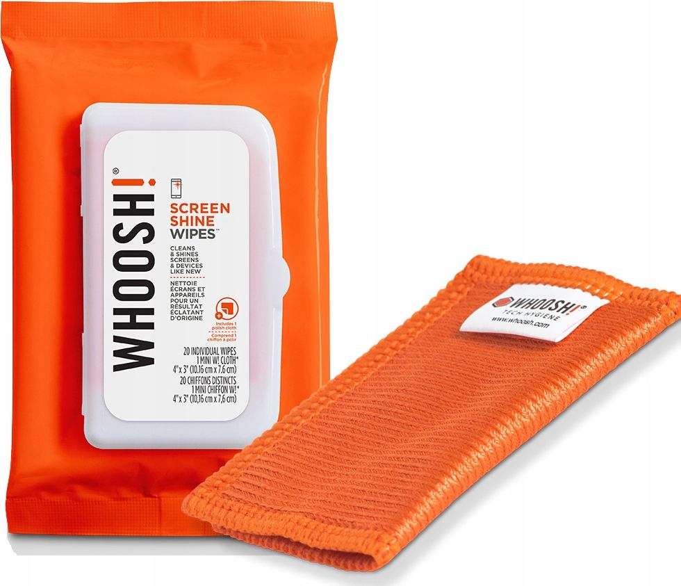 Whoosh Zestaw chusteczek nawilżanych i ściereczka do czyszczenia ekranów 20 szt.
