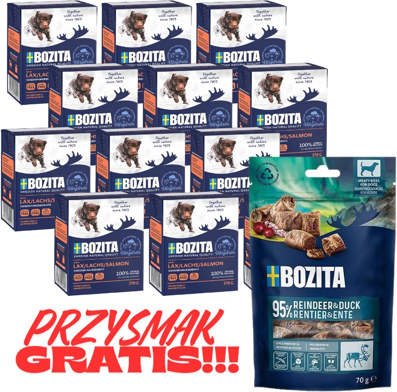 BOZITA Dog: Łosoś w galarecie 12x370g + BOZITA Meaty Bites renifer z kaczką przysmak pies 70g GRATIS!!!