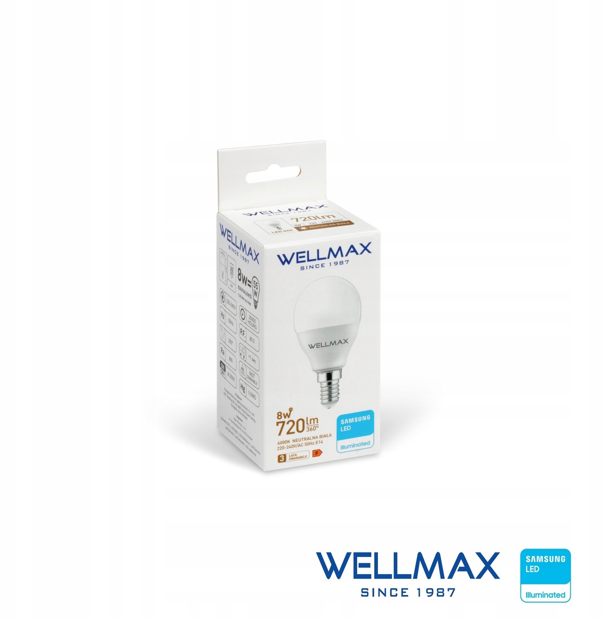 Wellmax Żarówka LED 8W E14 Kulka 90lm/W 720 lm Neutralny 4000K SAMSUNG / GOL112N08