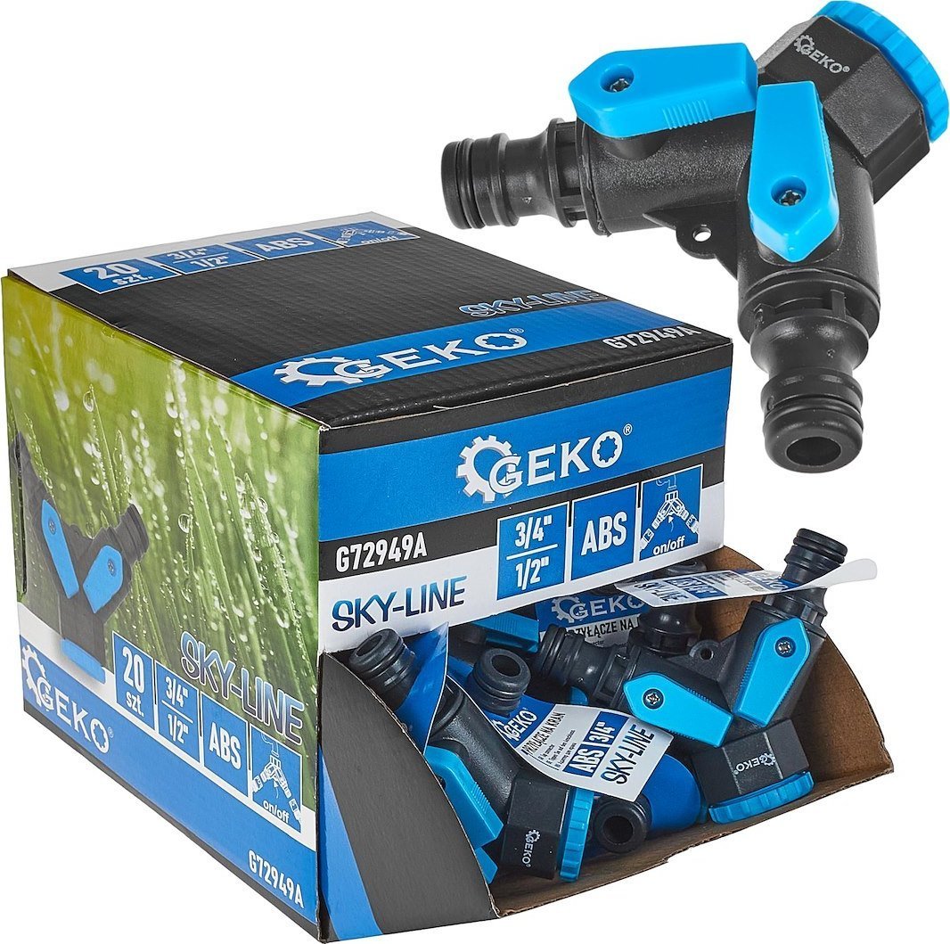 Rozdzielacz 2-drożny 3/4" z redukcją 1/2" i dwoma zaworami - wyjściami 1/2" SKY-LINE – kartonik wystawowy (20/120)