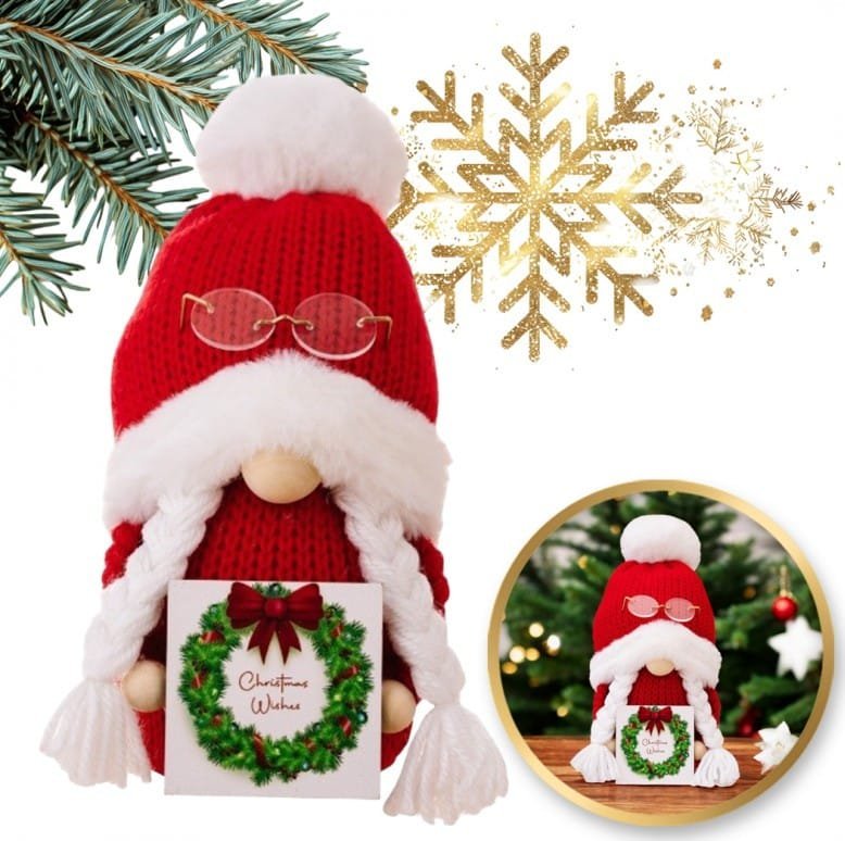 Krasnal Skrzat stojący czerwony w okularach Boże Narodzenie 26cm KSN167