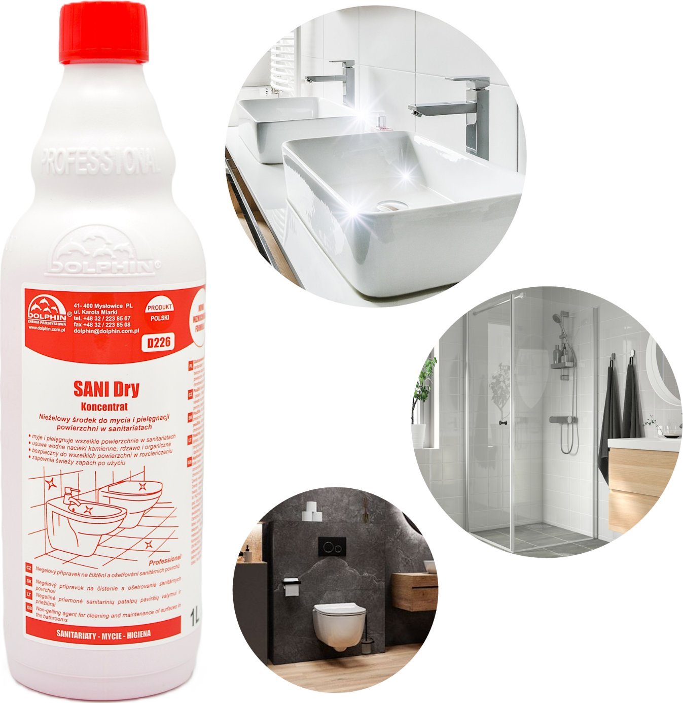 Dolphin KONCENTRAT MYCIA POWIERZCHNI SANITARNYCH USUWA ZACIEKI OSADY SANI DRY 1L