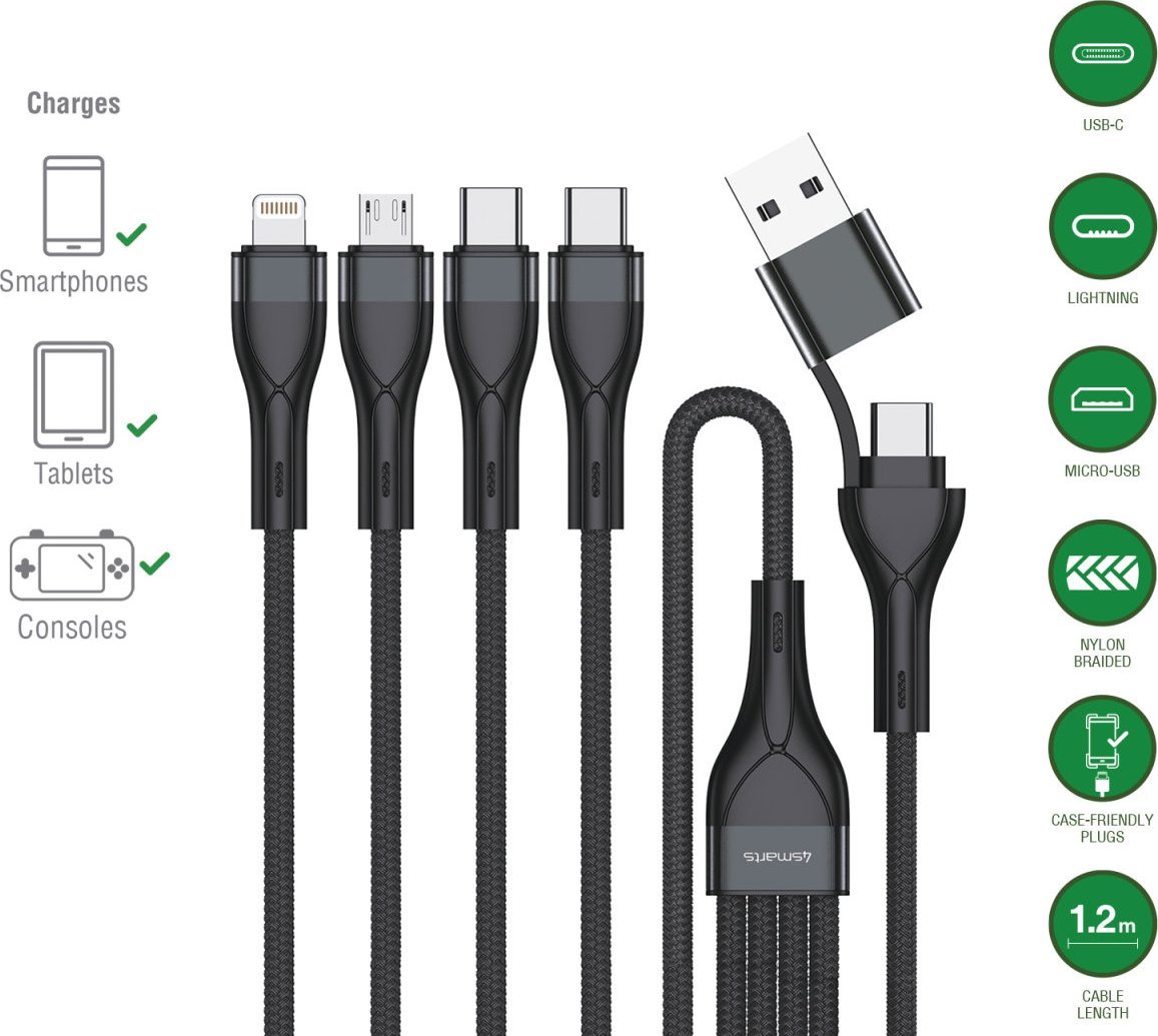 Kabel USB 4smarts USB-A + USB-C - 2x USB-C + Lightning + microUSB 1.2 m Czarny (541023)