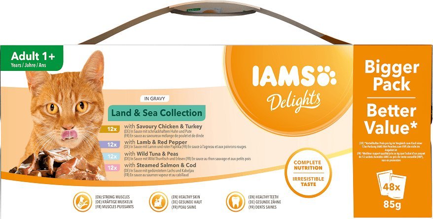IAMS IAMS-karma w saszetkach Delights dla dorosłych kotów z wyborem karm mięsnych i rybnych w sosie 48x85g