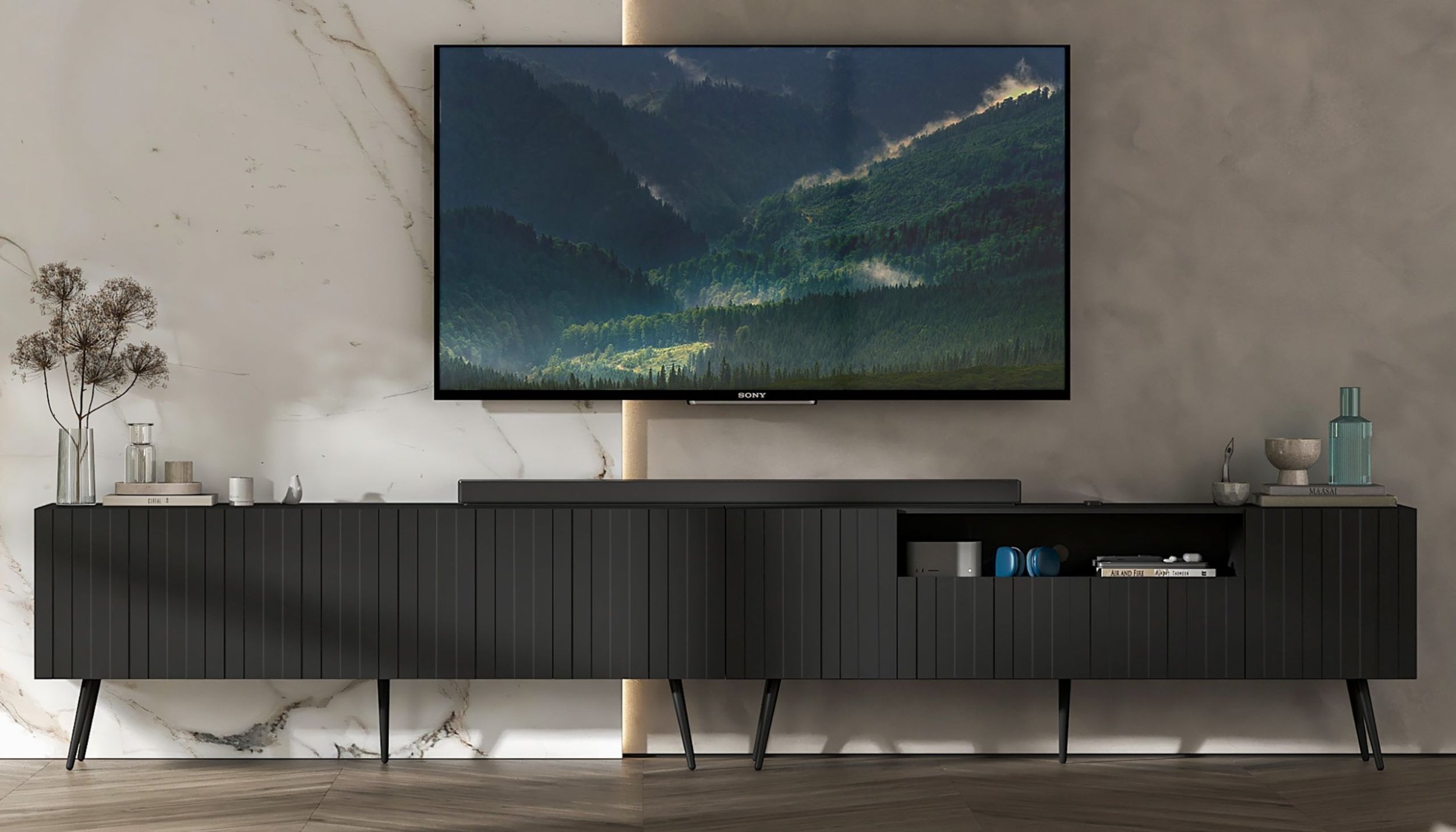 Meble Lindner Komoda RTV Glamour Nowoczesna Szafka RTV Czarny Mat Ryflowane fronty Czarne Nogi Metalowe Loft 300 cm