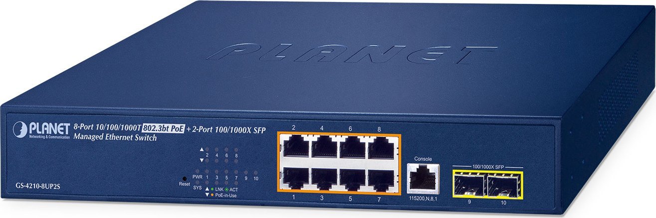 Switch Planet PLANET IPv6/IPv4, 8-Port Zarządzany L2/L4 Gigabit Ethernet (10/100/1000) Obsługa PoE 1U Niebieski