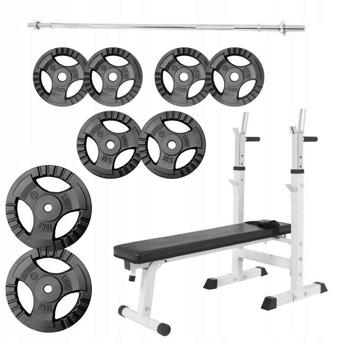 Ławka do wyciskania 3w1 biała + sztanga żeliwna regulowana (zestaw 60 kg 30mm)