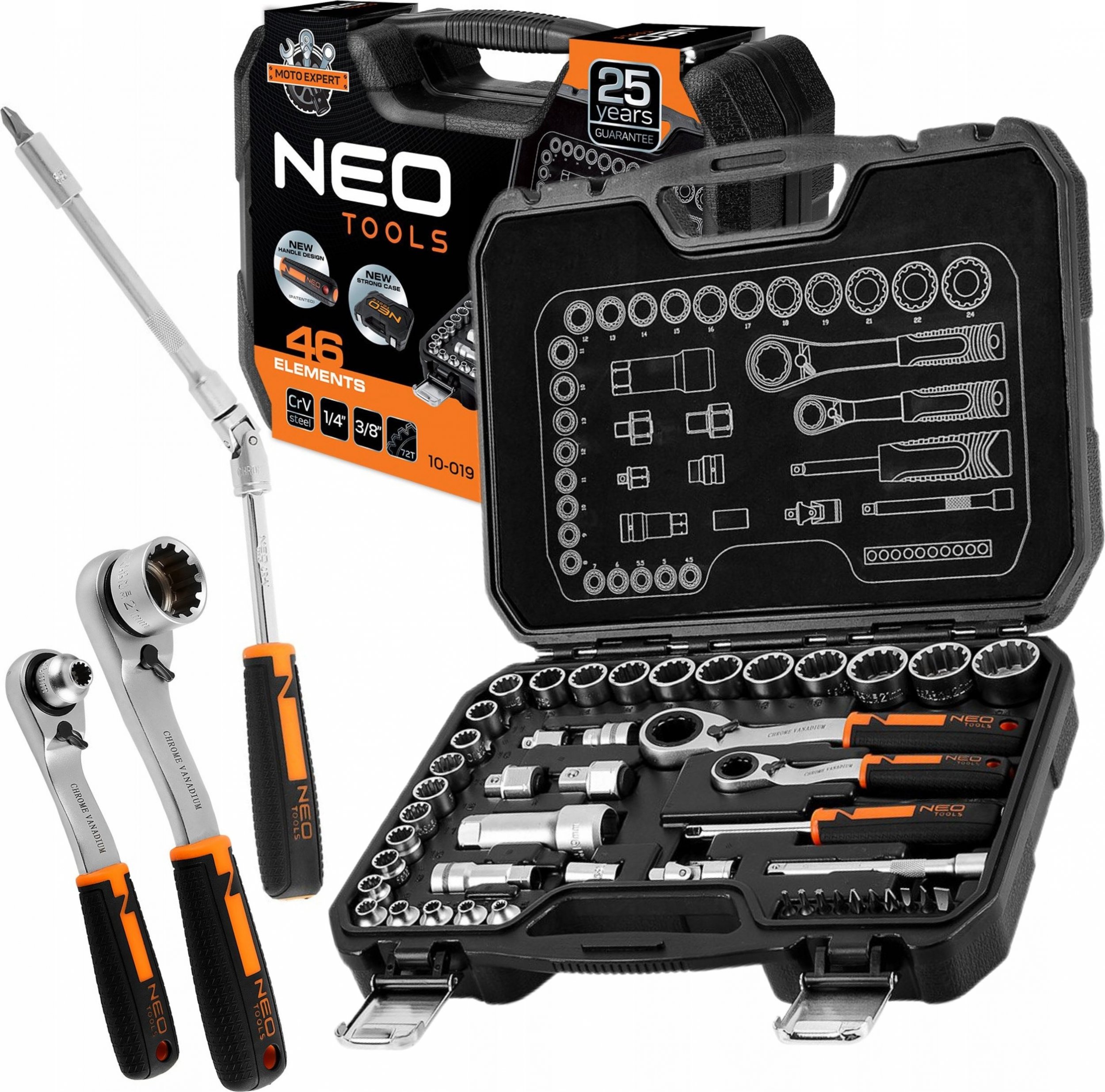 Neo Zestaw nasadek przelotowych 1/4" + 3/8", 46 szt.