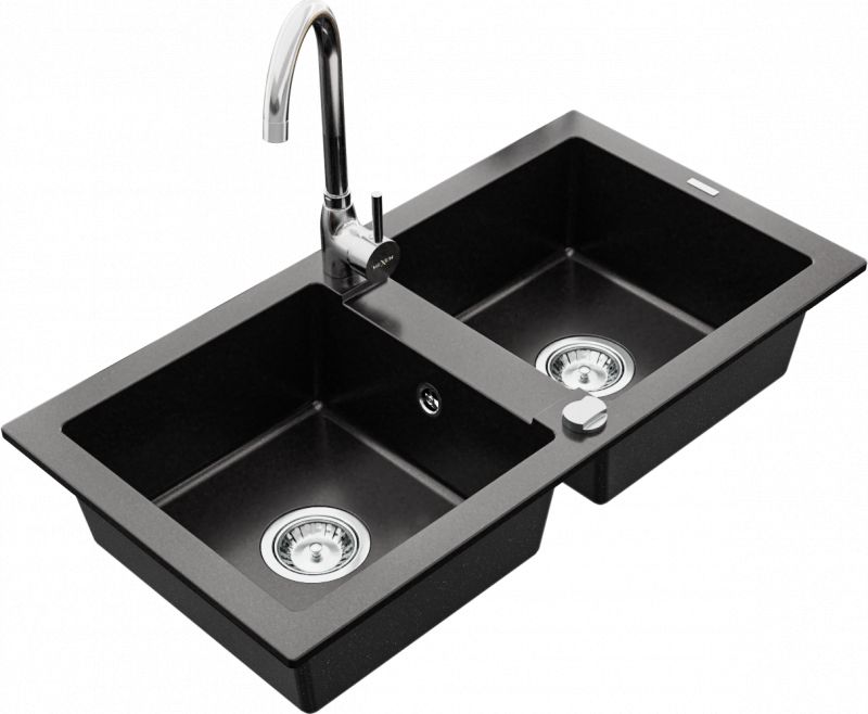 Zlewozmywak Mexen Mario granitowy 2-komorowy z baterią kuchenną Telma, czarny - 6504-77-670200-00