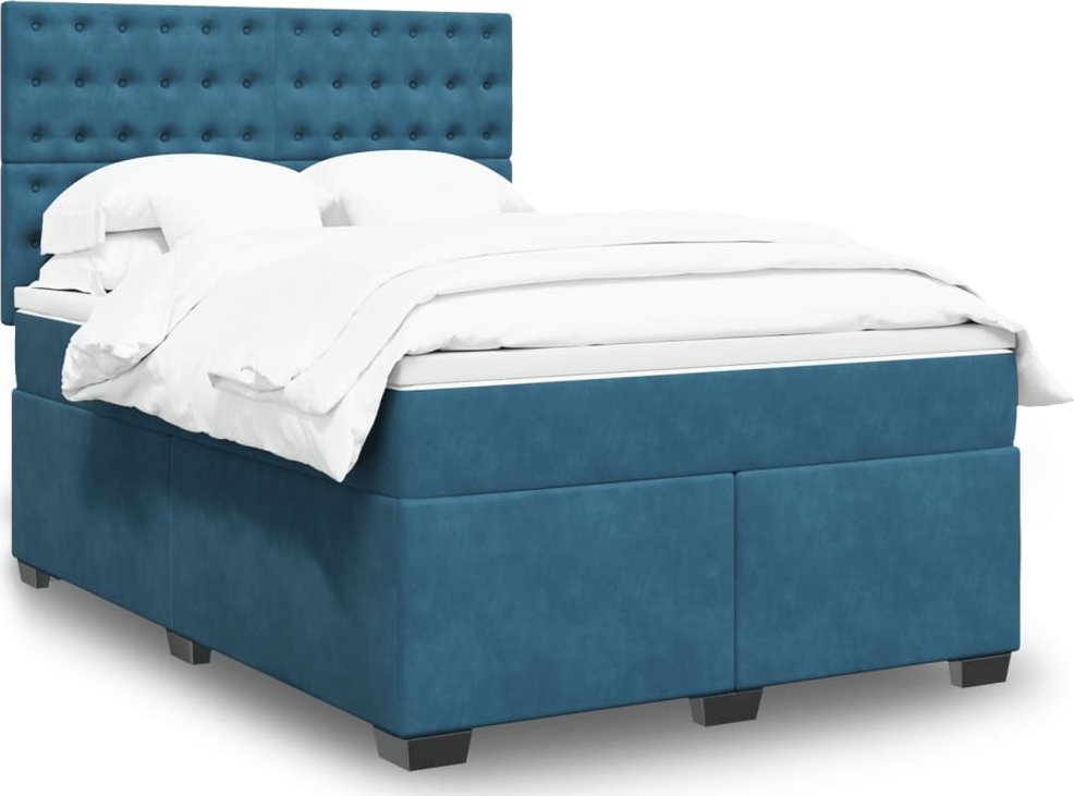 vidaXL Łóżko kontynentalne z materacem, niebieskie, 160x200cm, aksamit