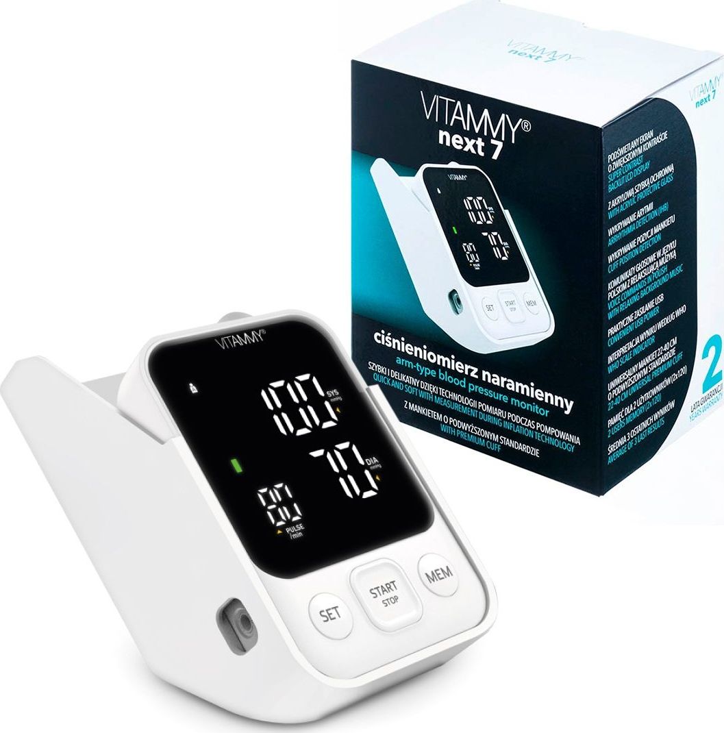 Ciśnieniomierz Vitammy VITAMMY NEXT 7 Ciśnieniomierz naramienny z mankietem 22-40cm ze stojakiem, polskimi komunikatami i mankietem o podwyższonym sta