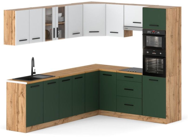 Kuchnia Pojemna Narożna Modułowa Z Blatem Marra 4.6m Wotan Butelkowa Zieleń