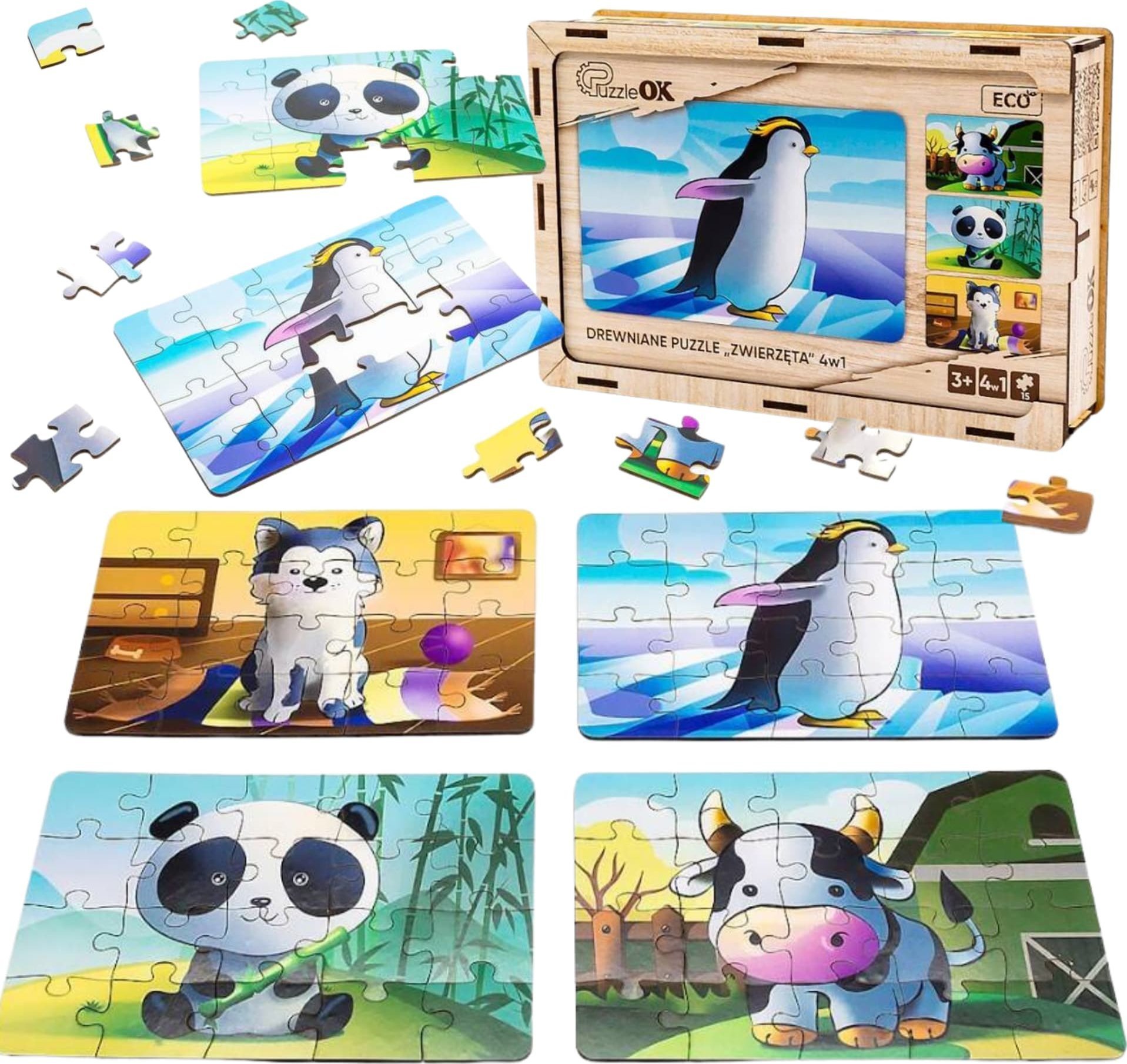 PuzzleOK Drewniane Puzzle 4w1 Zwierzęta Układanka Zestaw Krówka Piesek Panda Pingwin