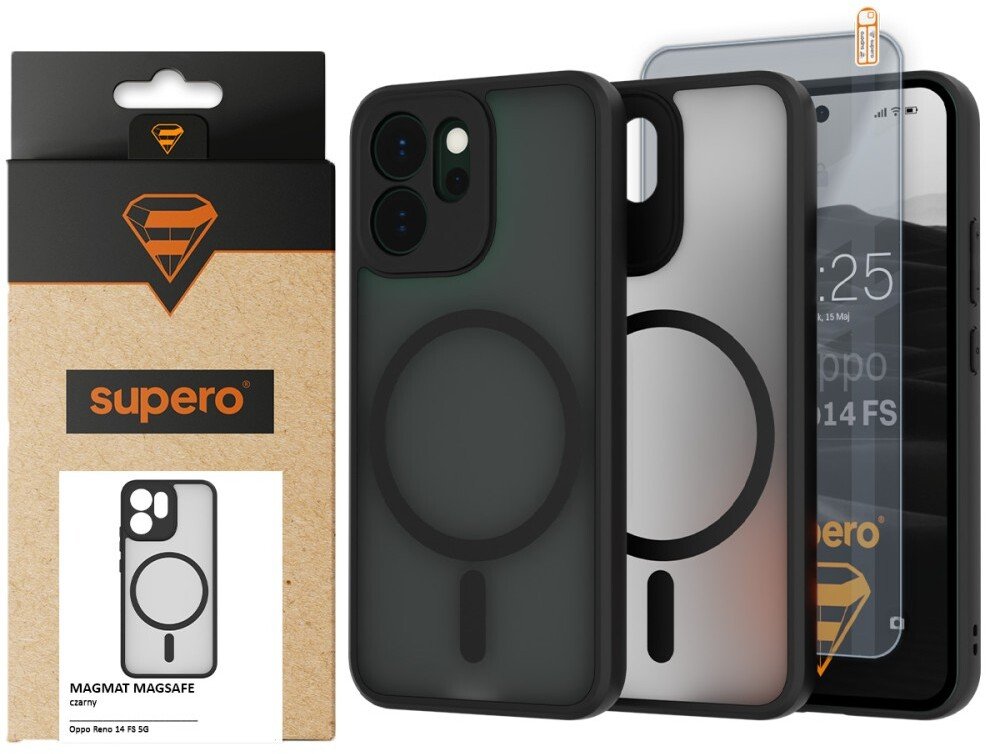 SUPERO Etui matowe MagSafe do Oppo Reno 14 FS 5G, czarny + szkło