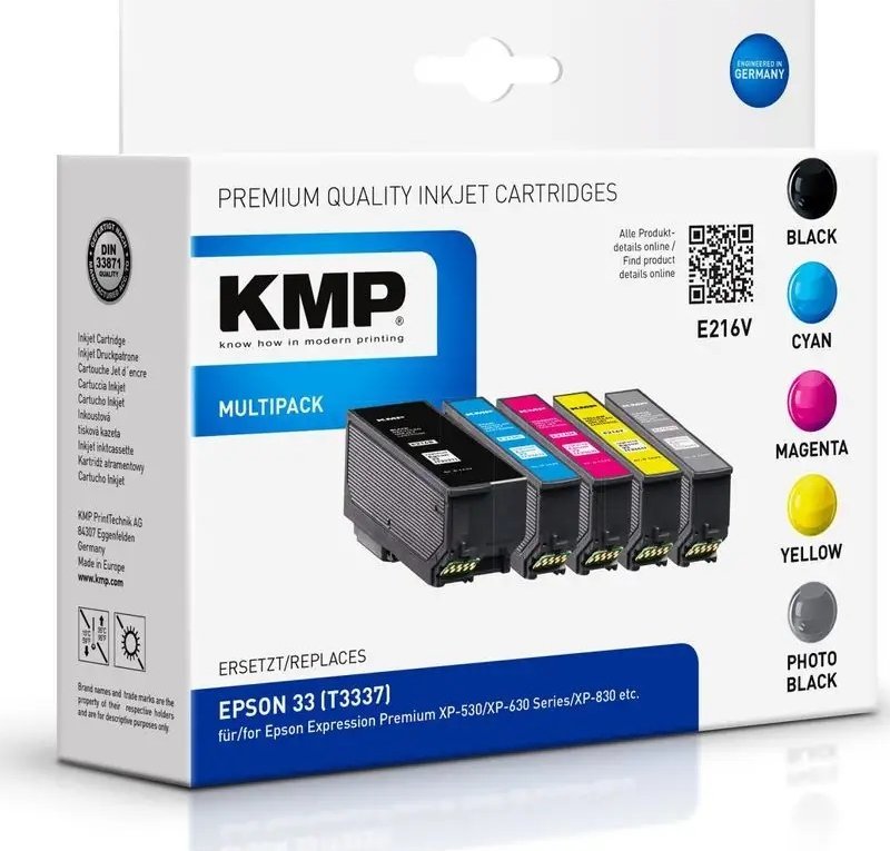 Tusz KMP MULTIPACK E216V - 5er-Pack - Schwarz, Gelb, Cyan, Magenta, Photo schwarz - kompatibel - Tintenpatrone (Alternative zu: Epson 33, Epson T3337)