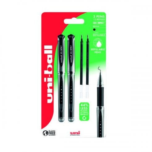 Uni-ball Gel Impact 153 2stk Sorte Gel Rollerpenne +2stk refills, stregbredde 1,0mm