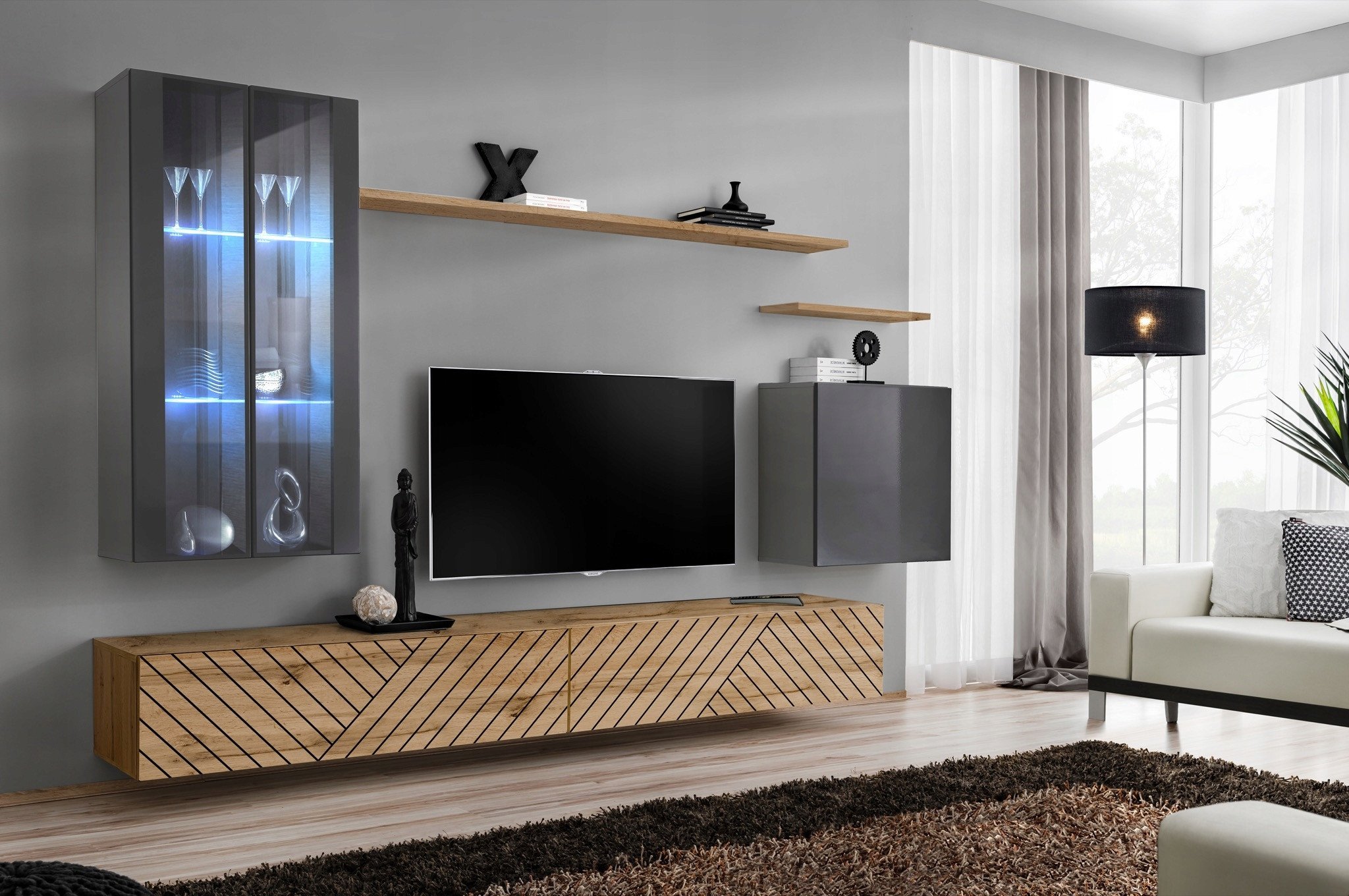 Meblościanka SWITCH LAMEL XII szara/dąb wotan ASM Meble