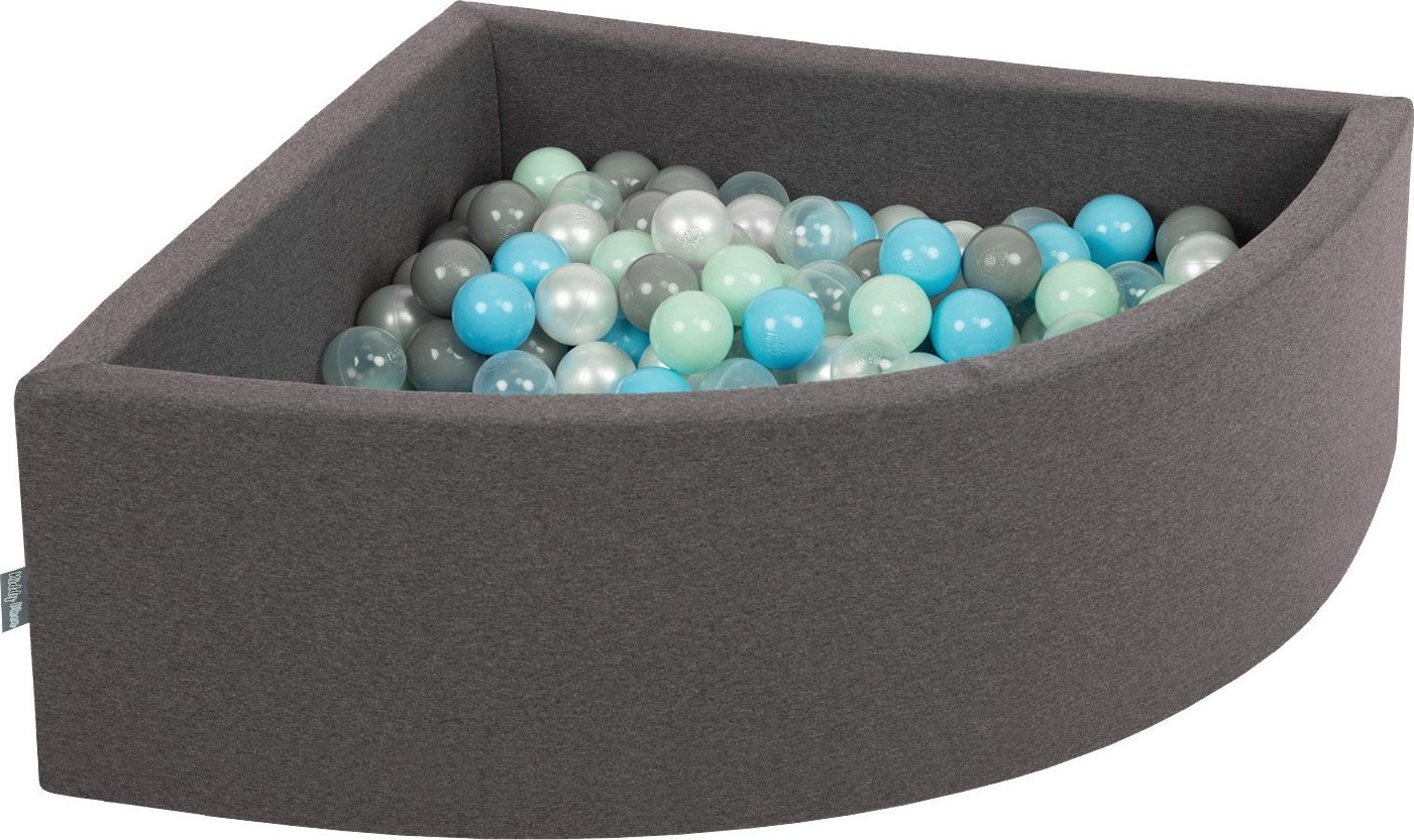KiddyMoon KiddyMoon Suchy basen trójkątny z piłeczkami 7cm ciemnoszary: perła-szary-transparent-babyblue-mięta 90x30cm/200piłek Zabawka basen piankowy