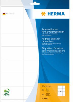 Herma Naklejki adresowe dla maszyn do pisania, biały, 70 x 42 mm, 420 sztuk (4441)