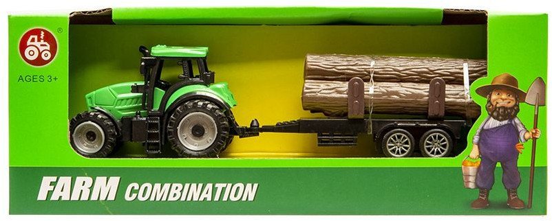 Mały traktor z przyczepą na drewno