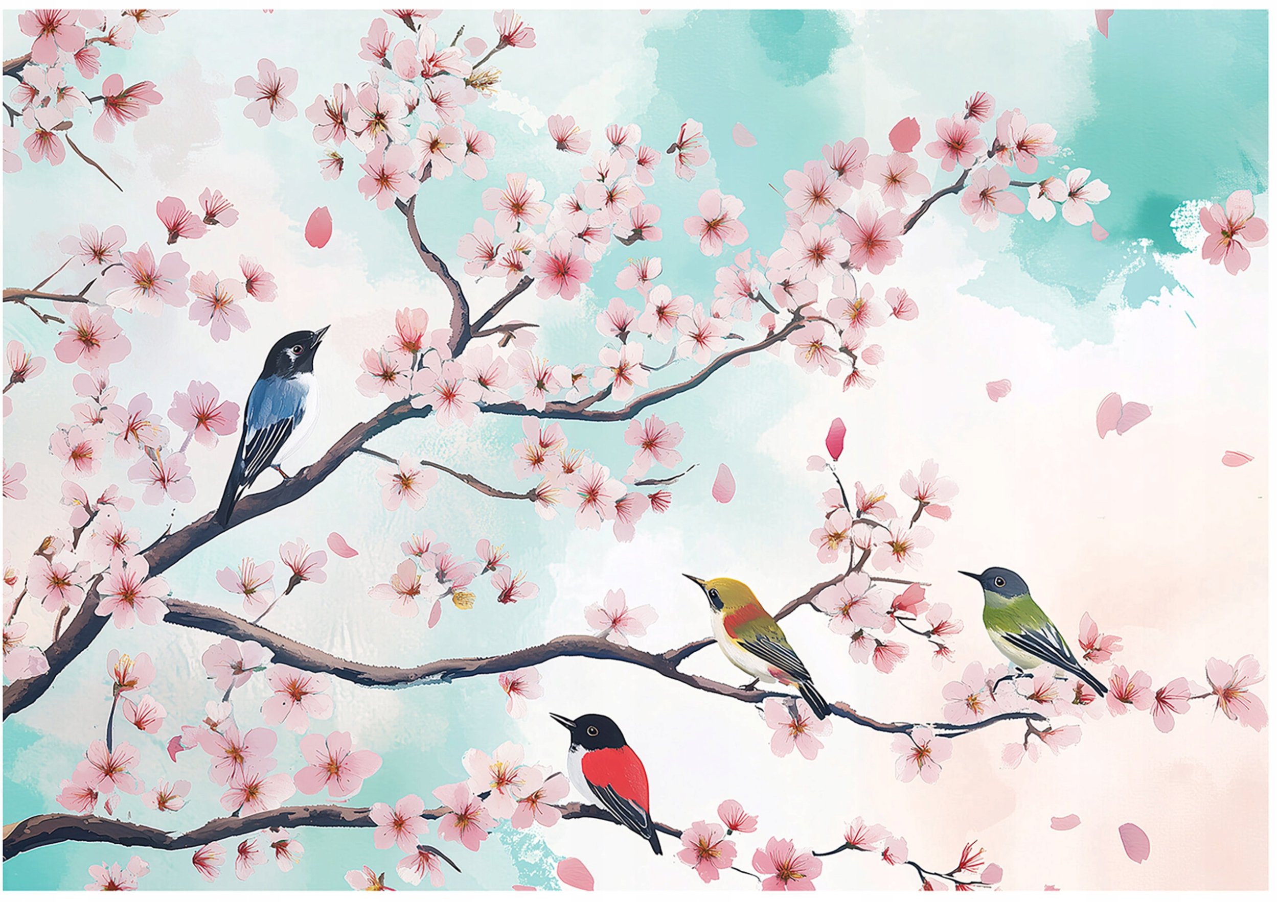 Fototapeta Ptaki Kwiaty Wiśni Gałązki Na Ścianę Sypialnia Salon 300X210