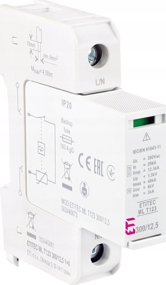 Etipo Ogranicznik przepięć ETI Polam ETITEC GSM Typ T1, T2 B C 002440607 T12 275/25 3+0 RC