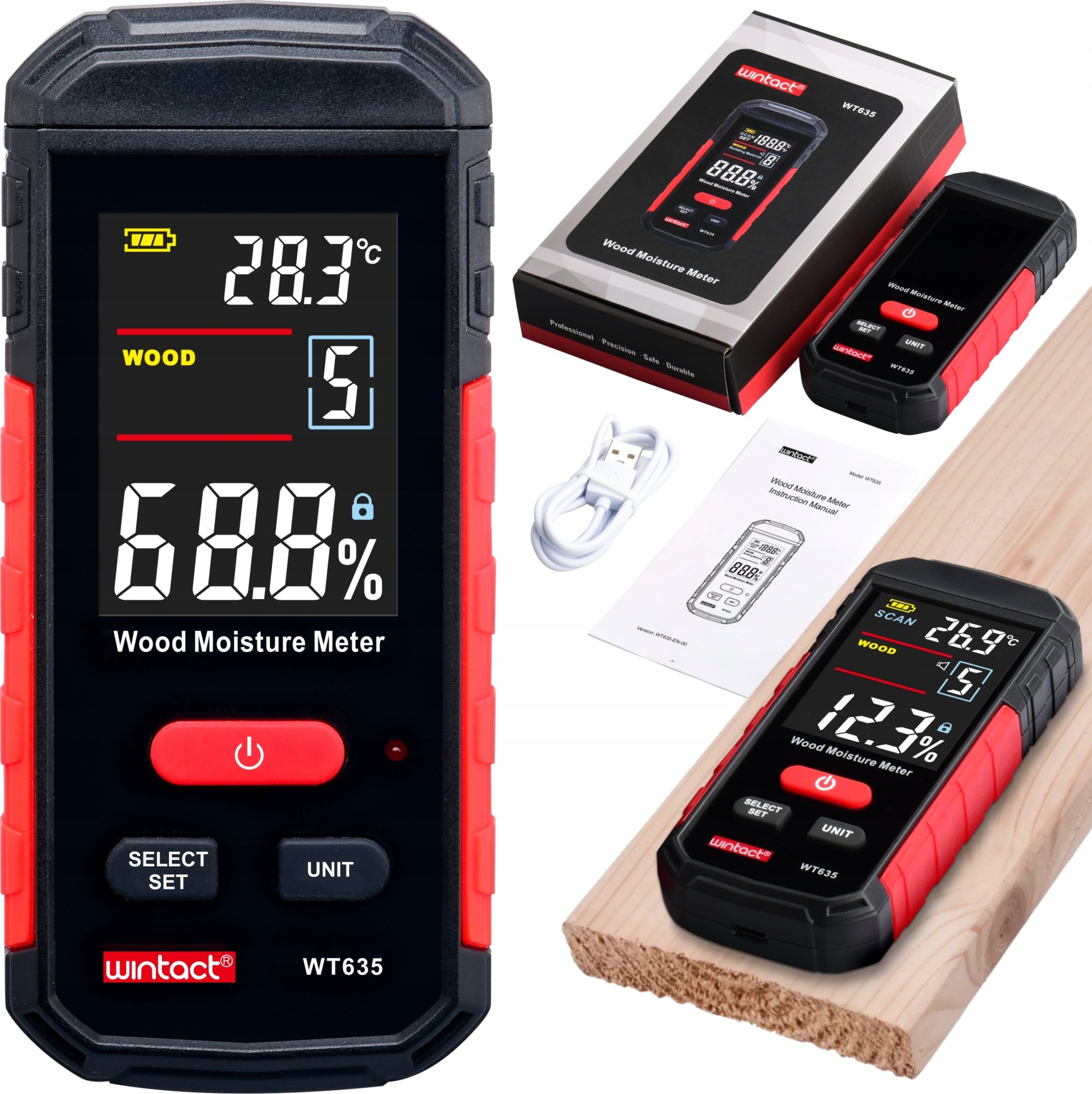 BEZINWAZYJNY WILGOTNOŚCIOMIERZ INDUKCYJNY DREWNA MAT. BUDOWLANYCH TERMOMETR