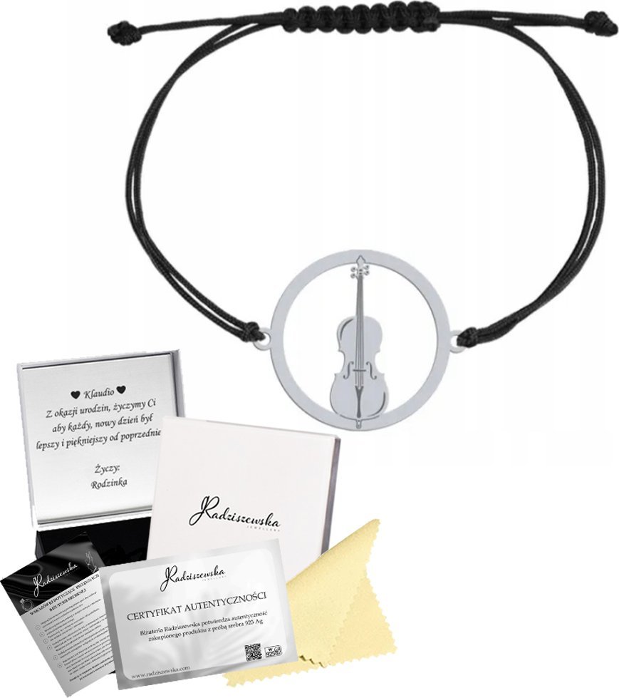 Radziszewska Jewellery Bransoletka Srebrna Wiolonczela Srebro 925 Sznurek Prezent GRAWER GRATIS