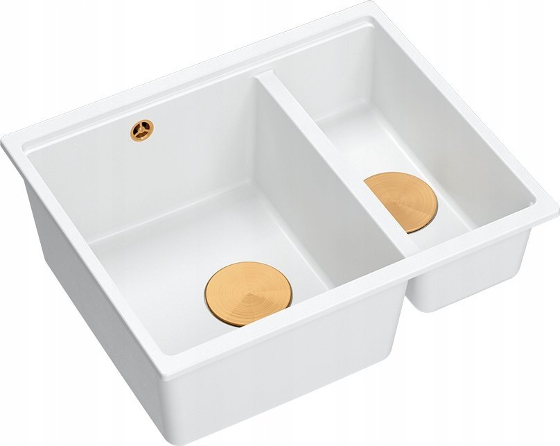 Zlewozmywak GraniteQ QUADRON | LOGAN 150 | granitowy zlewozmywak kuchenny BIAŁY + MIEDŹ PVD | wymiary: 56 x 46 x 22 cm | 1,5-komorowy podwieszany | po