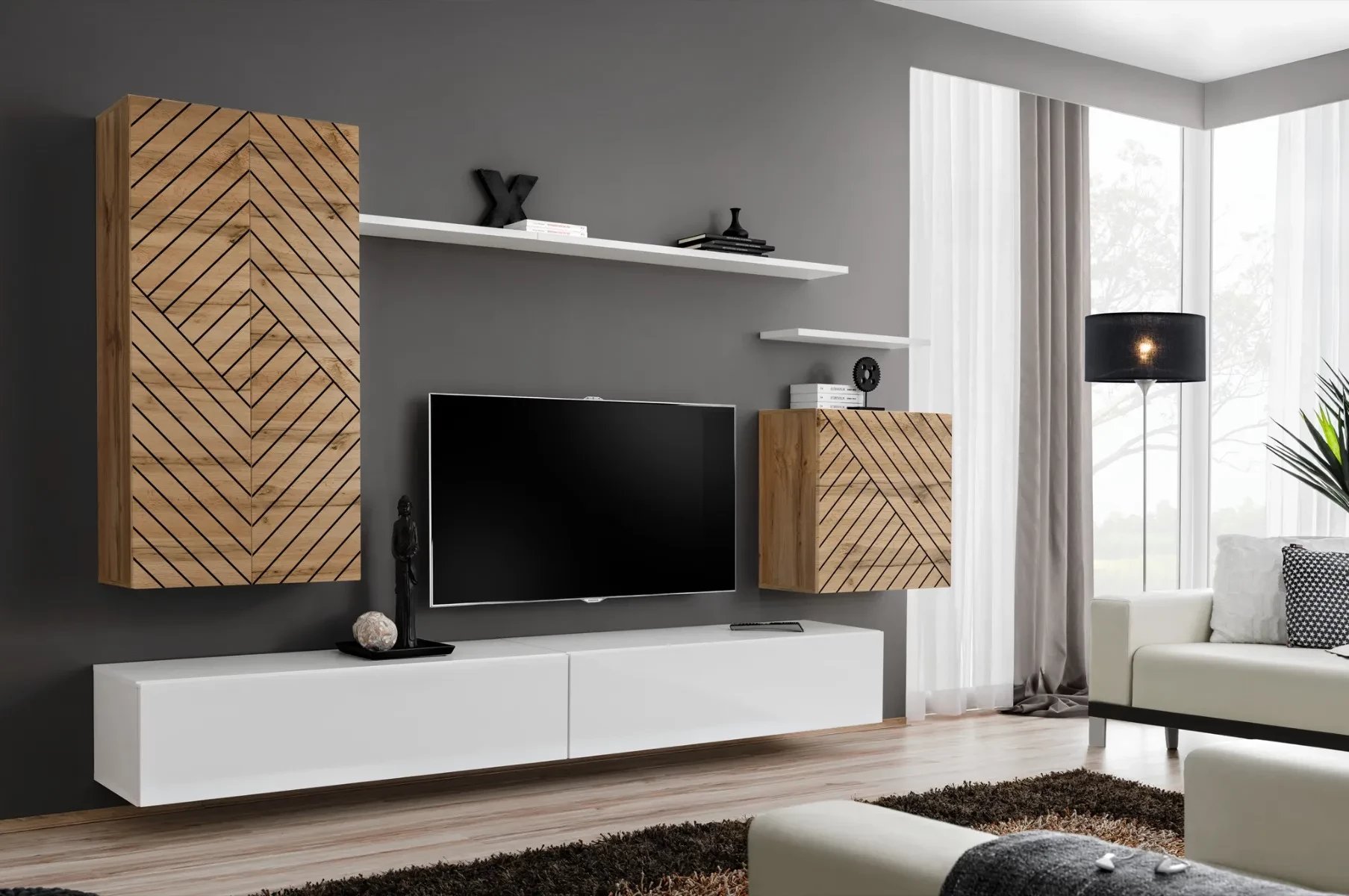 Meblościanka SWITCH LAMEL II dąb wotan/biała ASM Meble