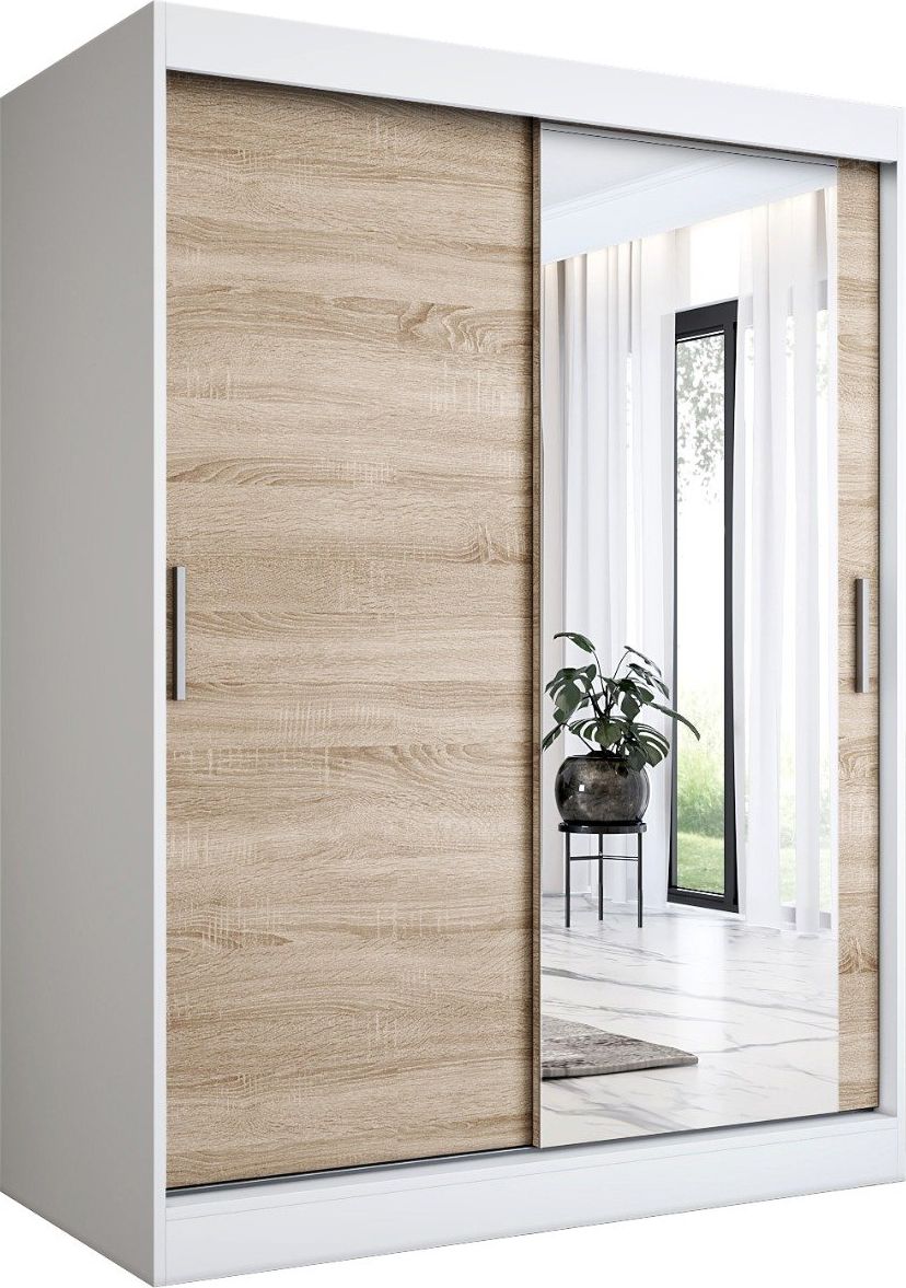 MKPOL Szafa przesuwna MODUO COMFORT 150 biała mat/dąb sonoma z lustrem po prawej
