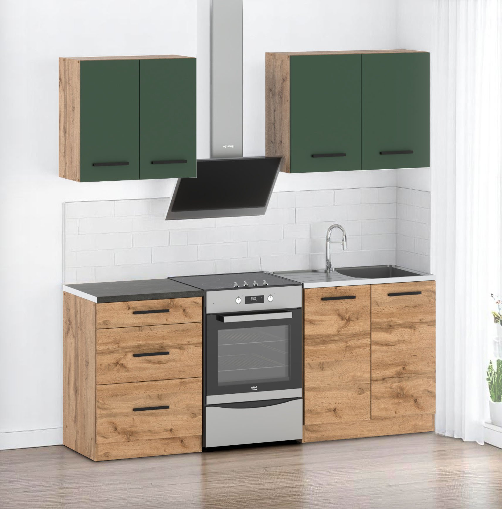 Zestaw mebli kuchennych z blatem mała 2m wotan butelkowa zieleń dąb wotan