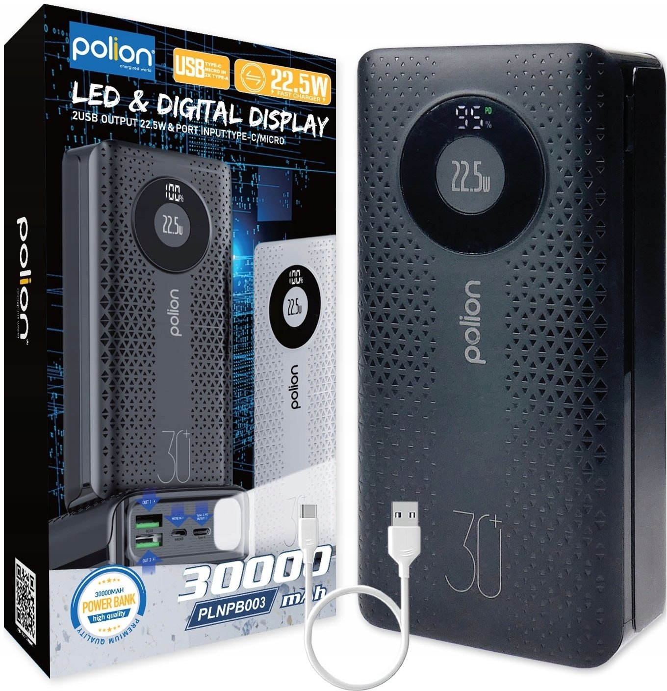 Powerbank 30000mAh 22,5W USB-C USB-A micro-USB LCD PD QC szybkie ładowanie