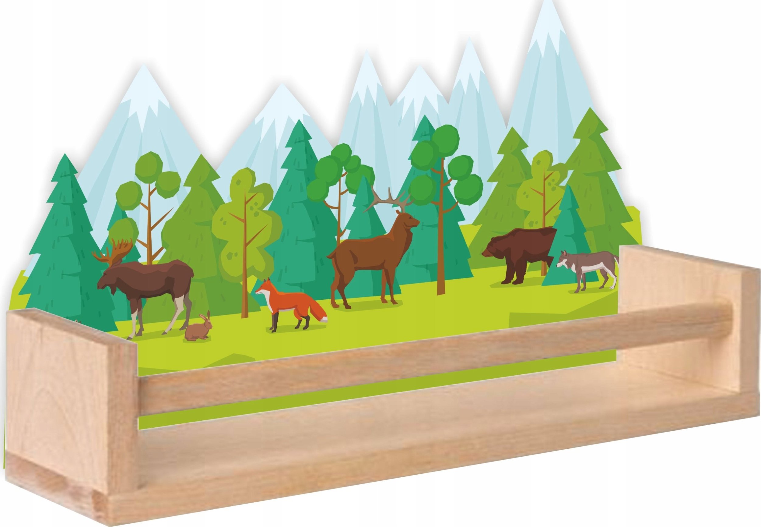 Półka drewniana las góry miś jeleń zająć lisek