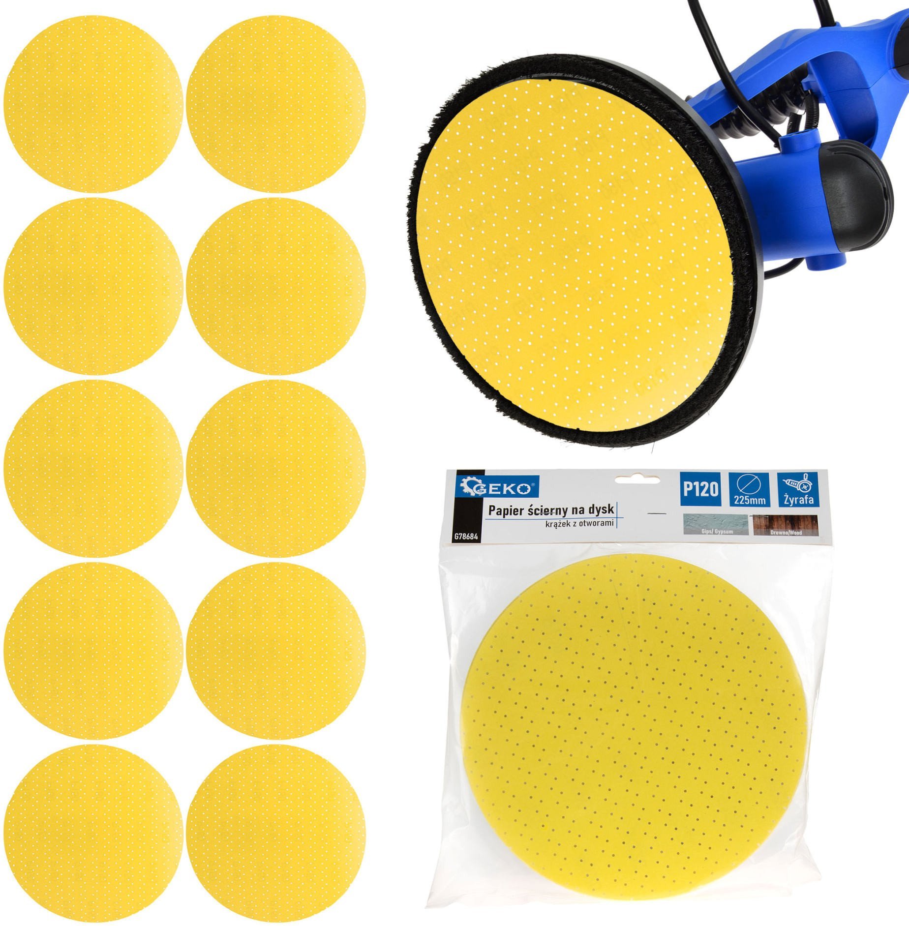 Geko Papier ścierny na dysk – krążek z otworami 225mm P120 /żyrafa/ (10/100/500)