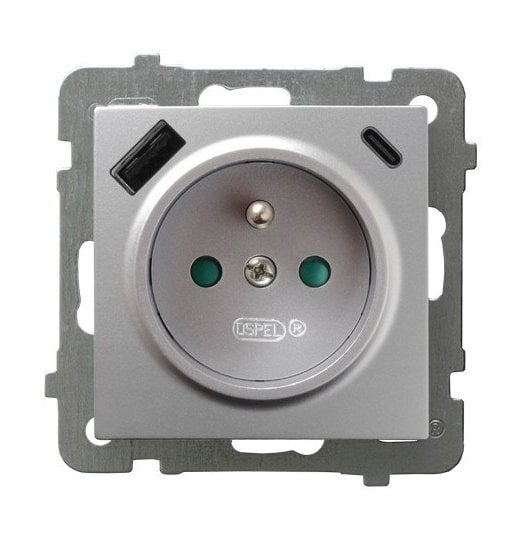 Ospel Gniazdo pojedyncze gniazdo z uziemieniem z przesłonami torów prądowych z ładowarką USB A+C srebrne GP-1GZPUSBAC/m/18