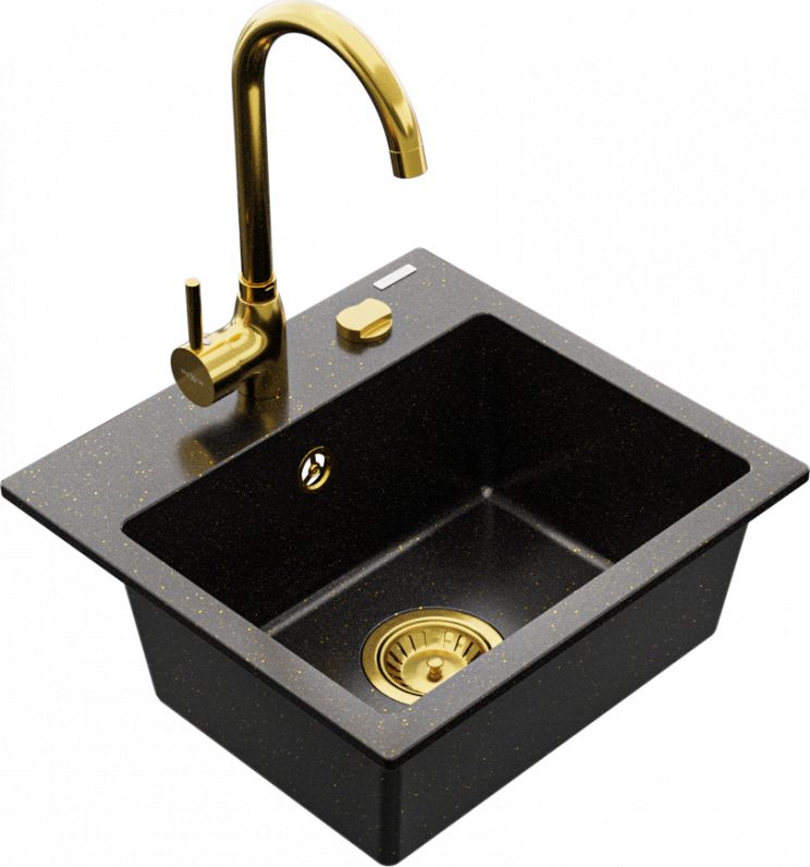 Zlewozmywak Mexen Mexen Milo zlewozmywak granitowy 1-komorowy z baterią kuchenną Telma, czarny/złoty - 6505-75-670200-50