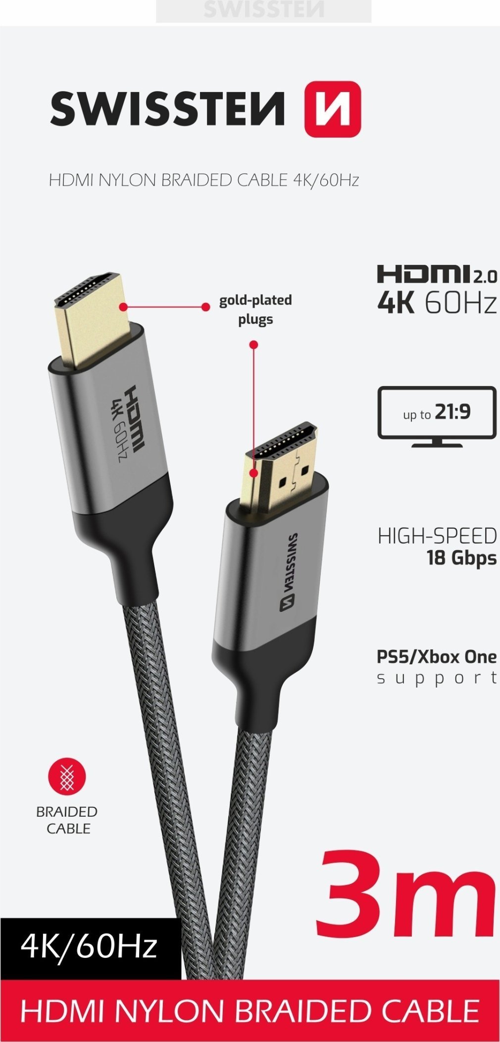Swissten Kabel HDMI - HDMI 4k 60hz 3.0m 75501102