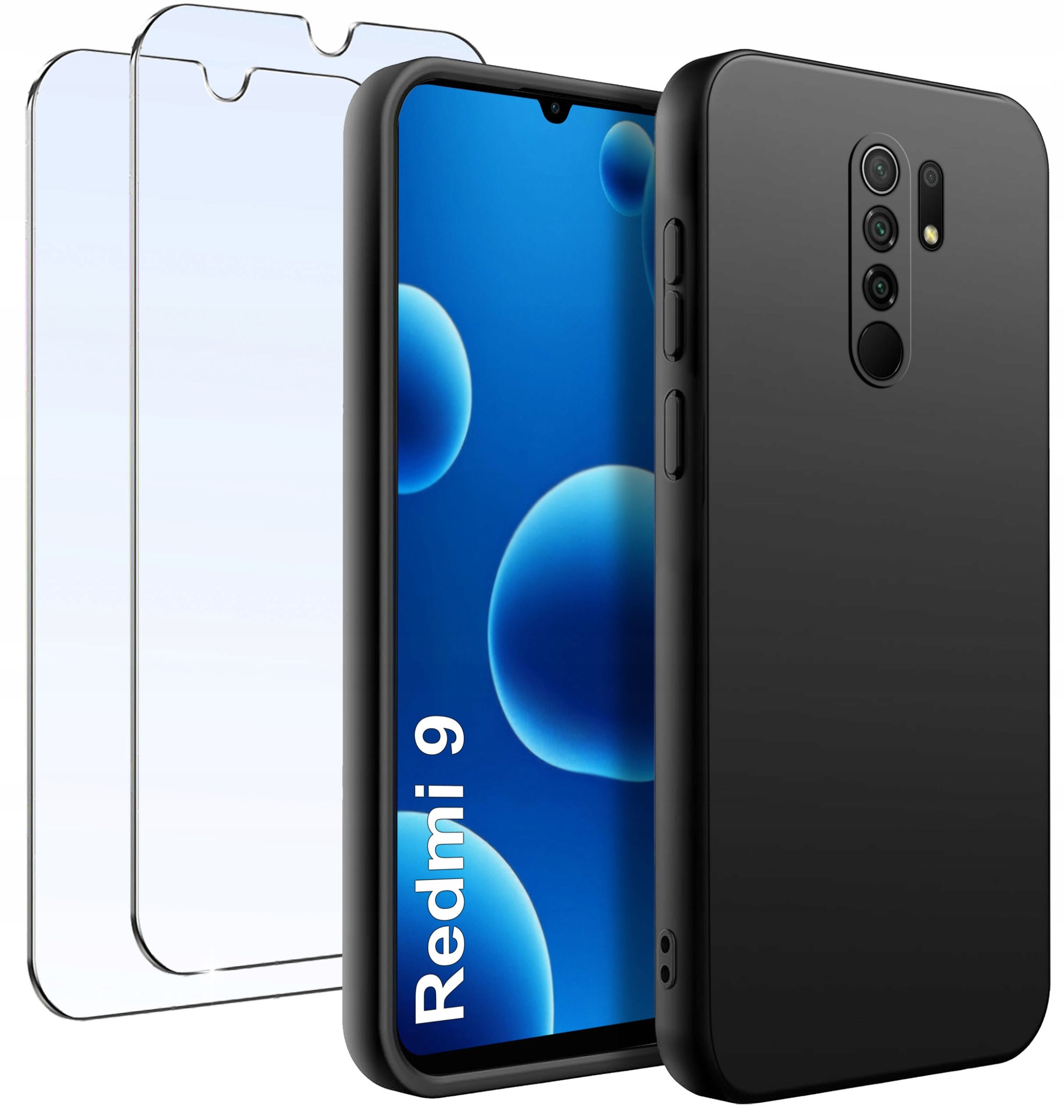 ZESTAW Etui do Xiaomi Redmi 9 | Matowe Czarne Silikon Slim + 2 SZTUKI SZKŁO