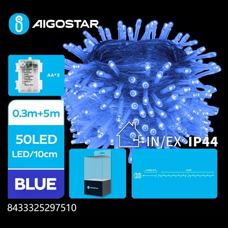 Lampki choinkowe Aigostar Lampki choinkowe 50led na 3 baterie AA niebieskie 5M Lampki choinkowe 50led na 3 baterie AA niebieskie 5M